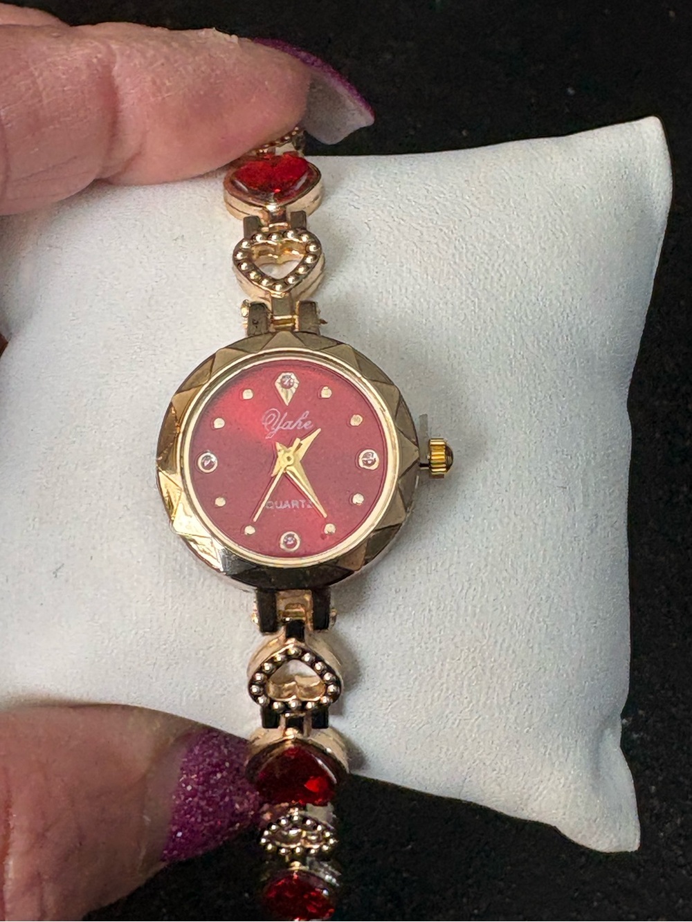 Watch- Ruby simulated  Heart  Gold Tone alloy material Bracelet Elegant Wristwat